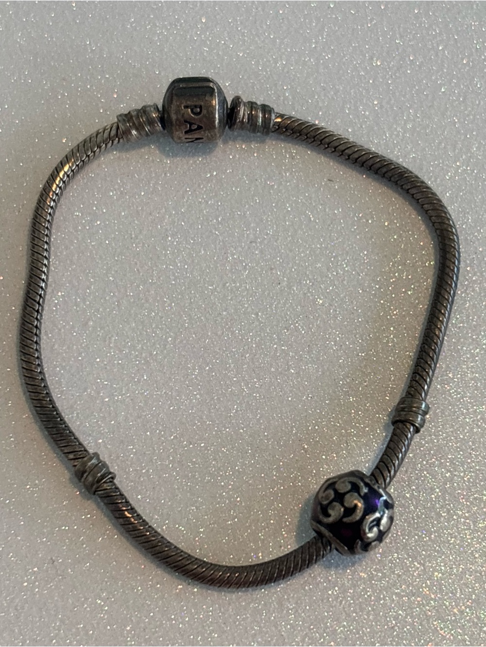 Pandora Sterling Silver Snake Bracelet with Purple Charm